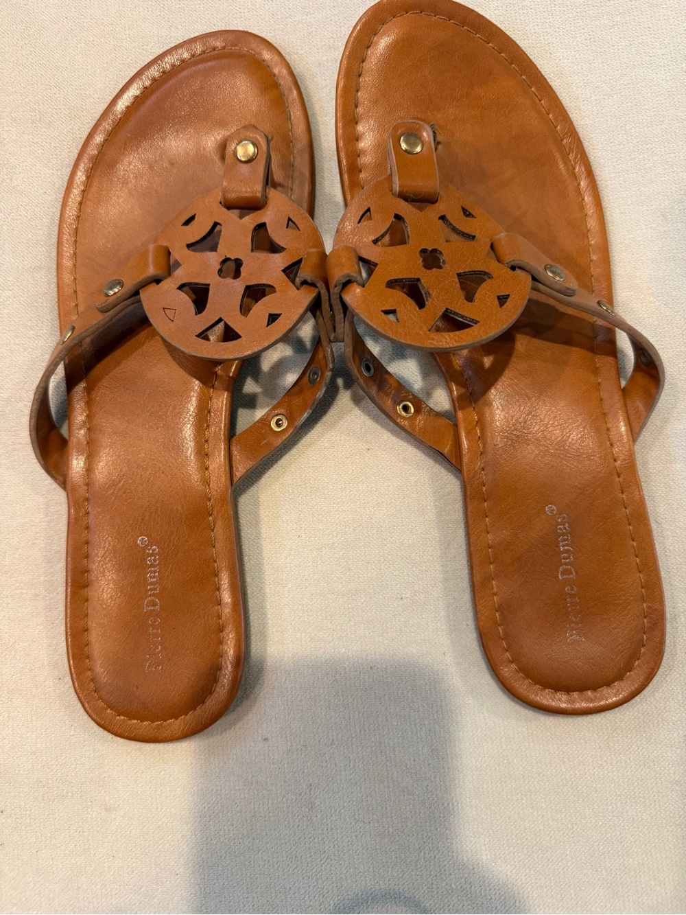 Pierre Dumas Tan Leather Cutout Thong Sandals